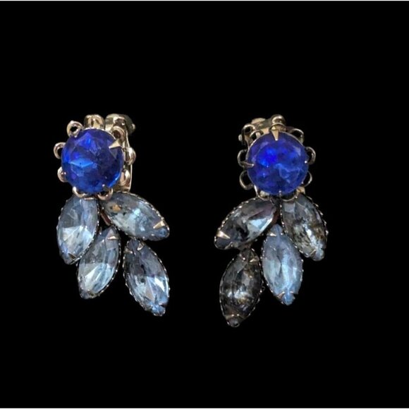 Vintage Blue Crystal Rhinestone Clip-On Dangle Earrings Estate - Picture 1 of 5